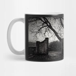 Black and white photograph of ancient gate leading to a mysterious garden Mug
